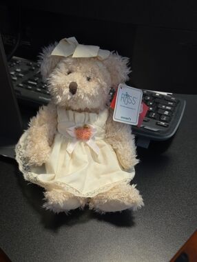 Russ Cream Plush Teddy Bear with Pink Rose Dress--Bearnice